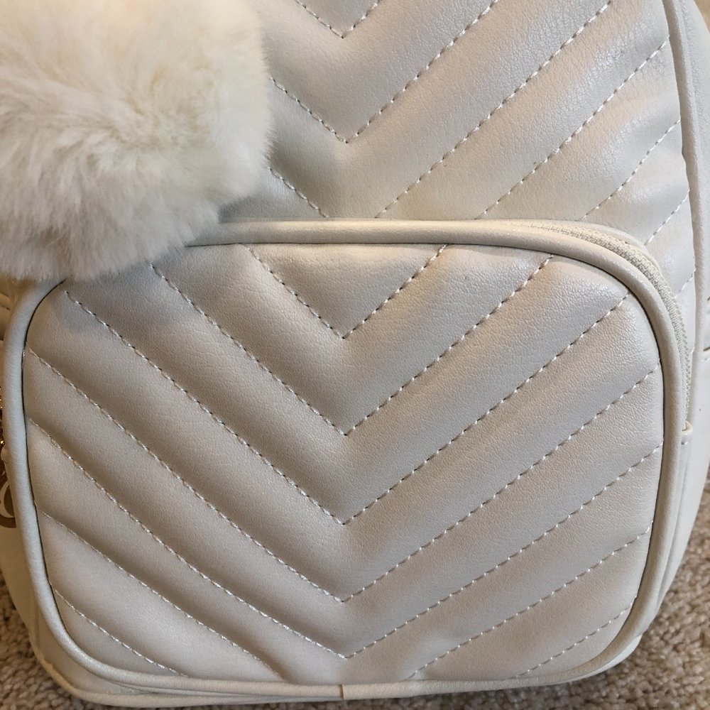 NWOT Mini Backpack Pom Cute Small Backpack Purse Vegan Leather White Cream Bag - Picture 12 of 16